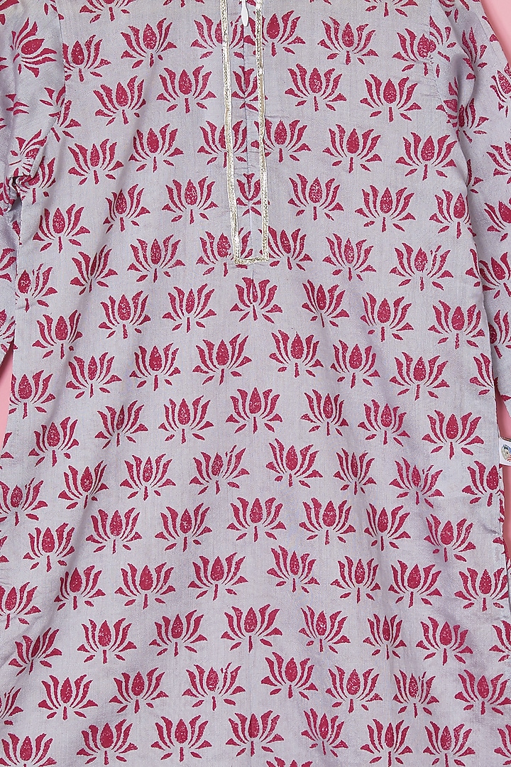 Grey Handwoven Chanderi Hand Printed Kurta Set For Boys by Mi Dulce An'ya at Pernia's Pop Up Shop