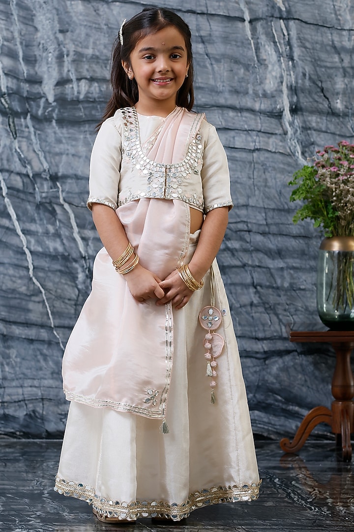 Gold Pure Tissue & Silk Embroidered Jacket Lehenga Set For Girls by Mi Dulce An'ya at Pernia's Pop Up Shop