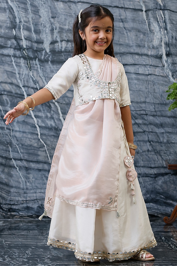 Gold Pure Tissue & Silk Embroidered Jacket Lehenga Set For Girls by Mi Dulce An'ya at Pernia's Pop Up Shop