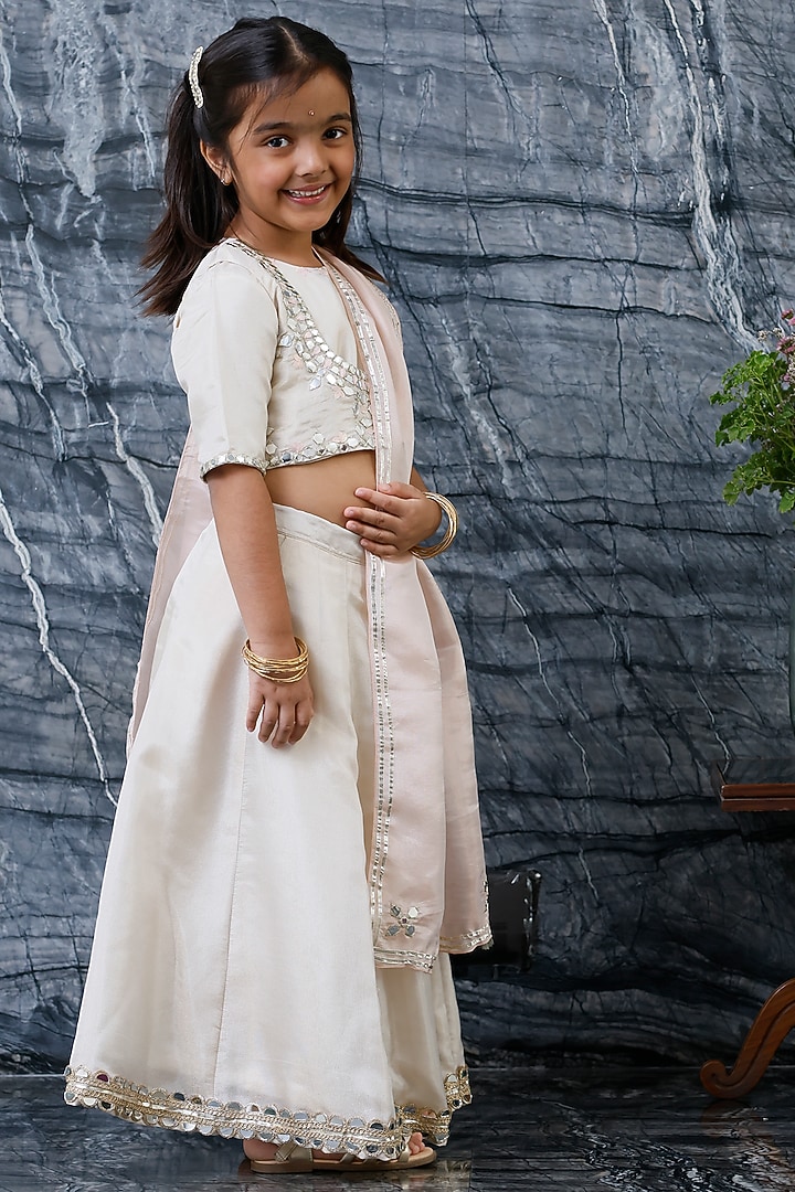 Gold Pure Tissue & Silk Embroidered Jacket Lehenga Set For Girls by Mi Dulce An'ya at Pernia's Pop Up Shop