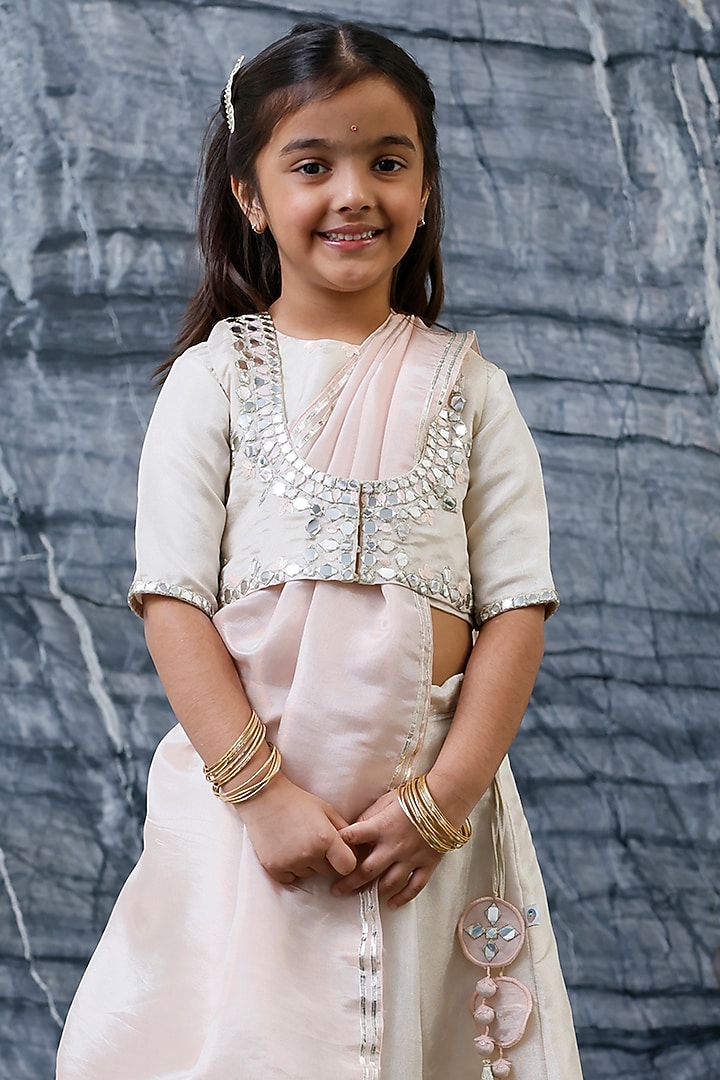 Gold Pure Tissue & Silk Embroidered Jacket Lehenga Set For Girls by Mi Dulce An'ya at Pernia's Pop Up Shop