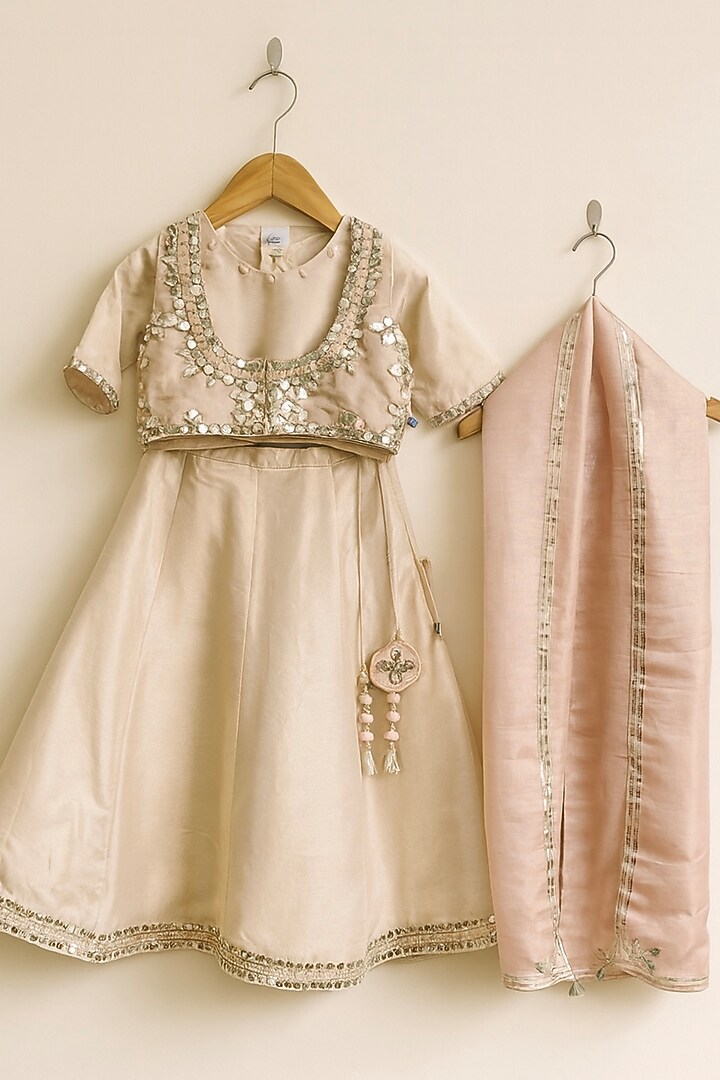 Gold Pure Tissue & Silk Embroidered Jacket Lehenga Set For Girls by Mi Dulce An'ya at Pernia's Pop Up Shop