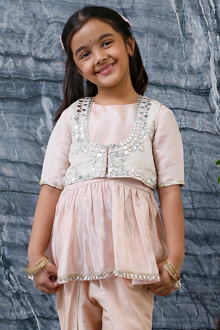 Pink Pure Tissue Embroidered Jacket Set For Girls by Mi Dulce An'ya at Pernia's Pop Up Shop
