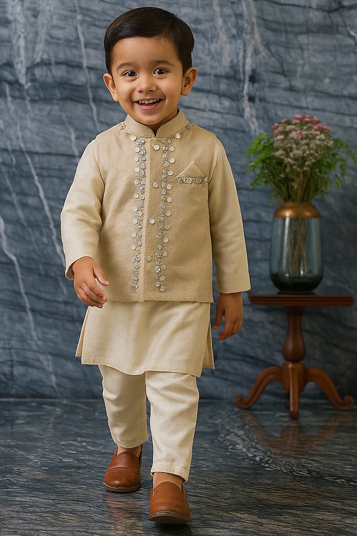 Gold Pure Tissue Embroidered Bandhgala Set For Boys by Mi Dulce An'ya at Pernia's Pop Up Shop