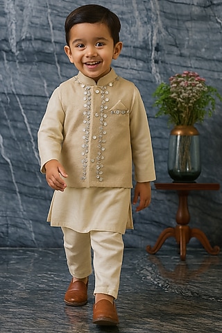 Gold Pure Tissue Embroidered Bandhgala Set For Boys by Mi Dulce An'ya