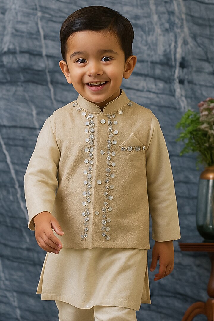 Gold Pure Tissue Embroidered Bandhgala Set For Boys by Mi Dulce An'ya at Pernia's Pop Up Shop