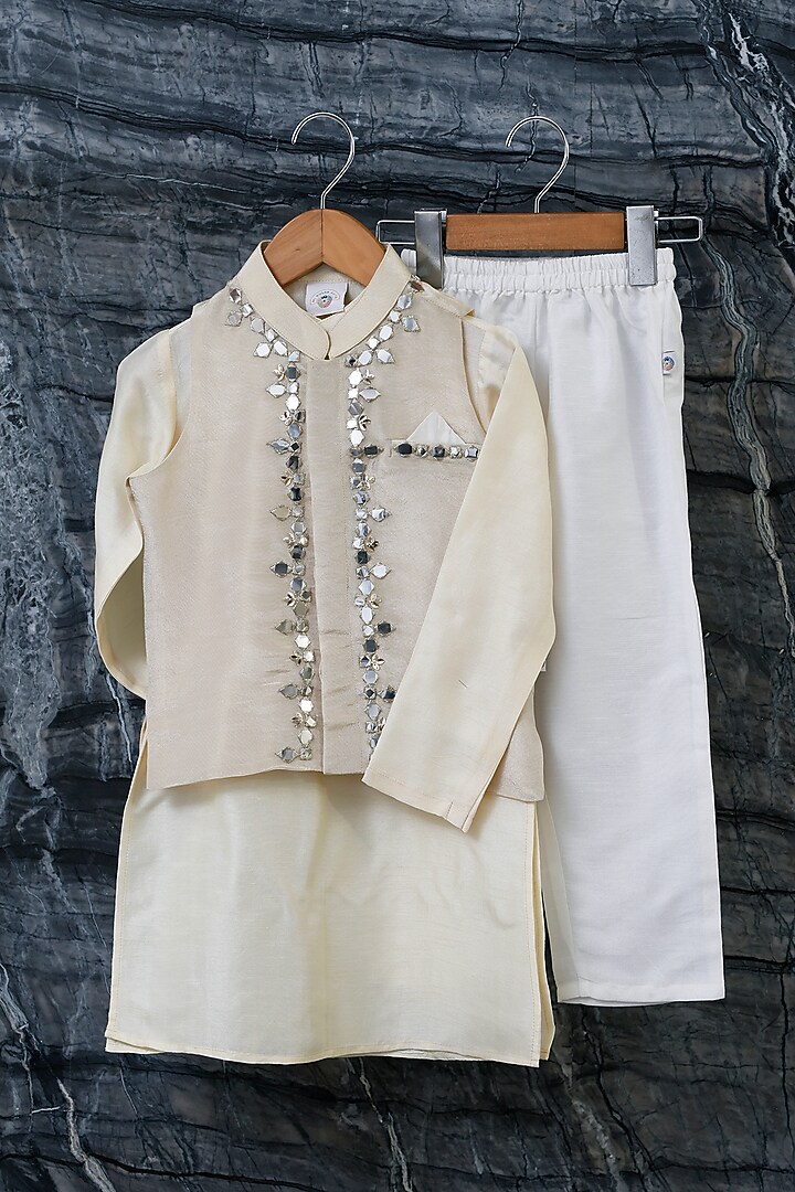 Gold Pure Tissue Embroidered Bandhgala Set For Boys by Mi Dulce An'ya at Pernia's Pop Up Shop