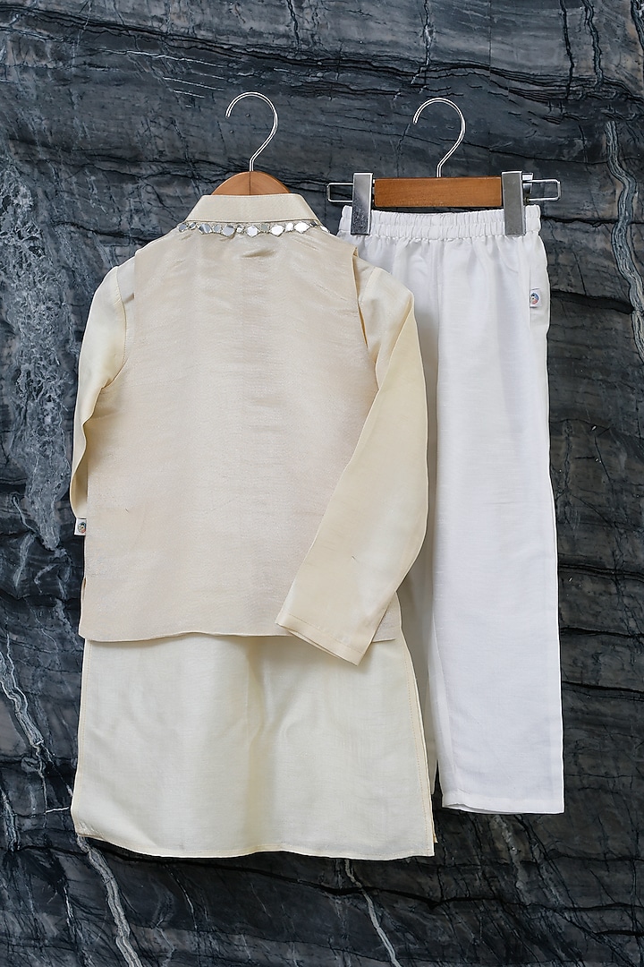 Gold Pure Tissue Embroidered Bandhgala Set For Boys by Mi Dulce An'ya at Pernia's Pop Up Shop