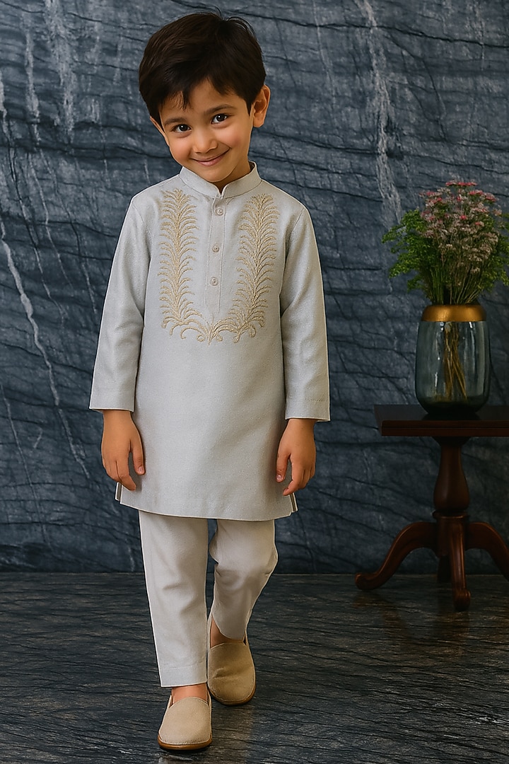 Silver Pure Tissue Embroidered Kurta Set For Boys by Mi Dulce An'ya at Pernia's Pop Up Shop