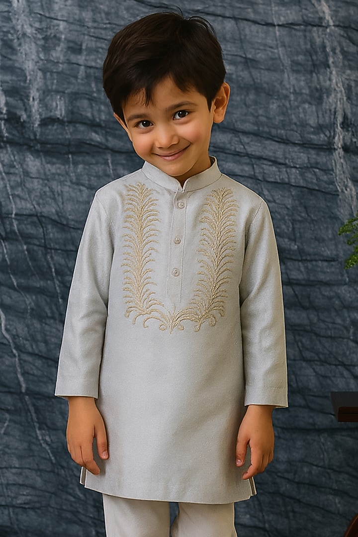 Silver Pure Tissue Embroidered Kurta Set For Boys by Mi Dulce An'ya at Pernia's Pop Up Shop