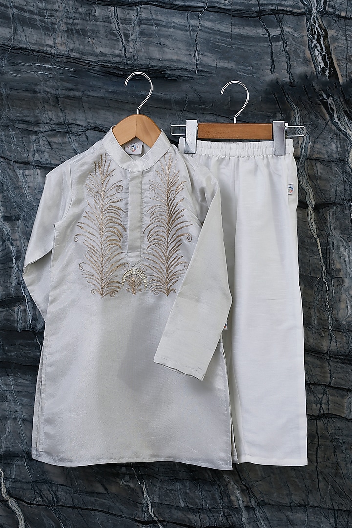 Silver Pure Tissue Embroidered Kurta Set For Boys by Mi Dulce An'ya at Pernia's Pop Up Shop