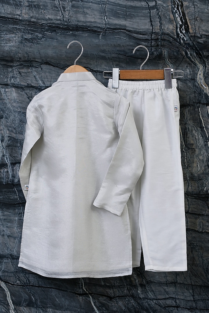 Silver Pure Tissue Embroidered Kurta Set For Boys by Mi Dulce An'ya at Pernia's Pop Up Shop