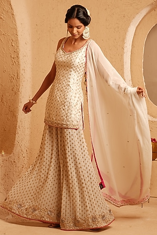Ivory Georgette Dabka Hand Embroidered Sharara Set by Muditaa By Urmila