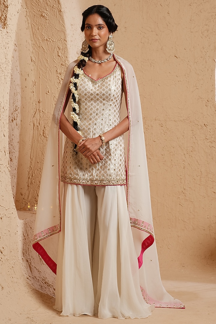 Ivory Georgette Dabka Hand Embroidered Wedding Sharara Set by Muditaa By Urmila at Pernia's Pop Up Shop