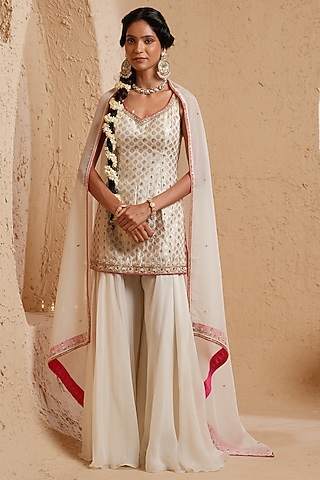 Ivory Georgette Dabka Hand Embroidered Sharara Set by Muditaa By Urmila