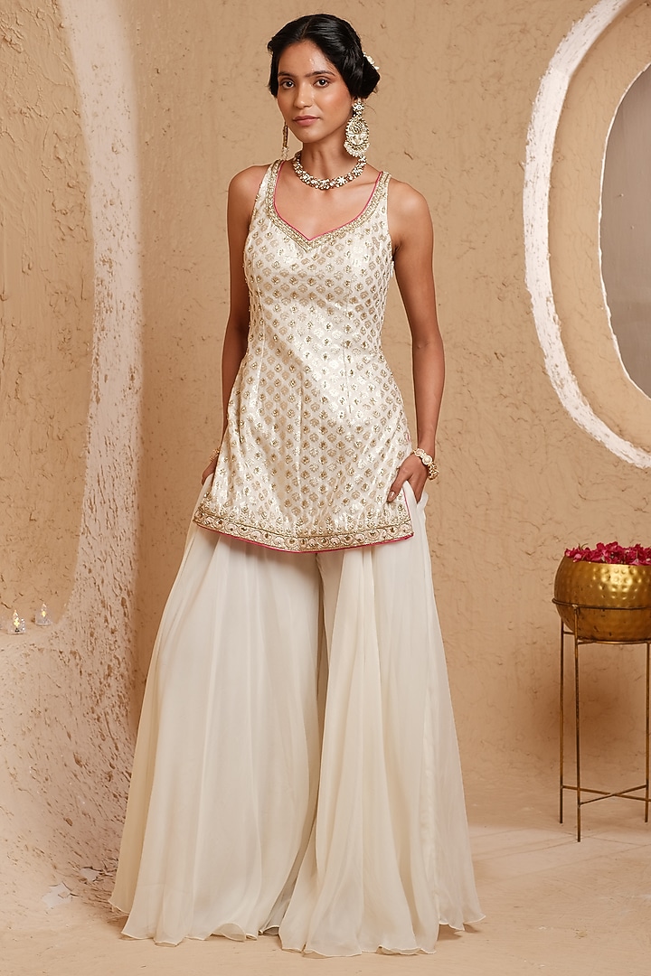 Ivory Georgette Dabka Hand Embroidered Wedding Sharara Set by Muditaa By Urmila at Pernia's Pop Up Shop