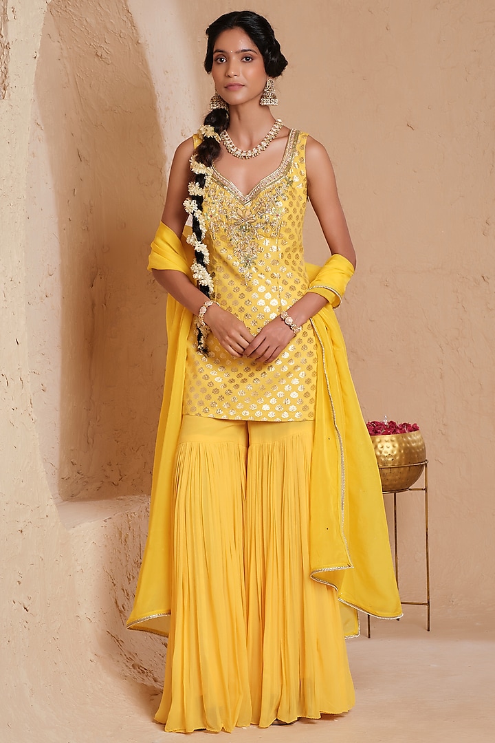 Mustard Yellow Georgette Embroidered Gharara Set by Muditaa By Urmila at Pernia's Pop Up Shop