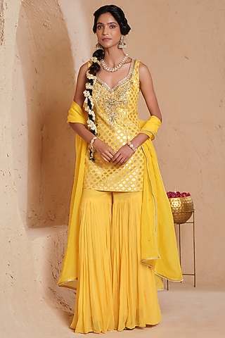 Mustard Yellow Georgette Embroidered Gharara Set by Muditaa By Urmila