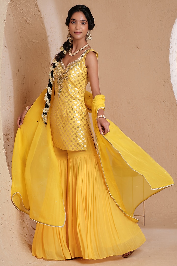 Mustard Yellow Georgette Embroidered Gharara Set by Muditaa By Urmila at Pernia's Pop Up Shop