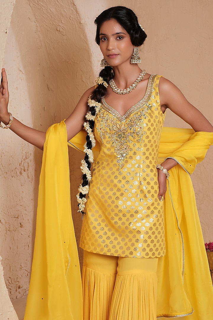 Mustard Yellow Georgette Embroidered Gharara Set by Muditaa By Urmila at Pernia's Pop Up Shop