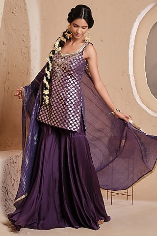 Purple Organza Embroidered Gharara Set by Muditaa By Urmila