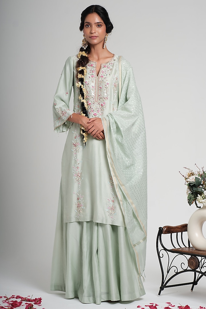 Sage Green Chanderi Silk Floral Hand Embroidered Party Wear Sharara Set by Muditaa By Urmila at Pernia's Pop Up Shop