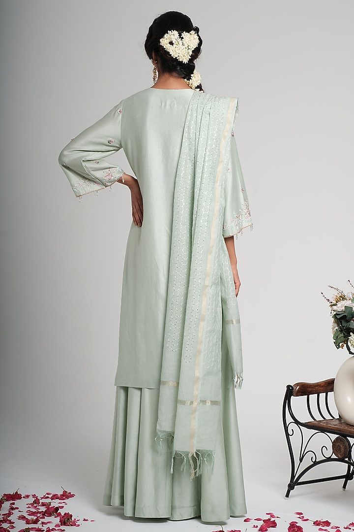 Sage Green Chanderi Silk Floral Hand Embroidered Party Wear Sharara Set by Muditaa By Urmila at Pernia's Pop Up Shop