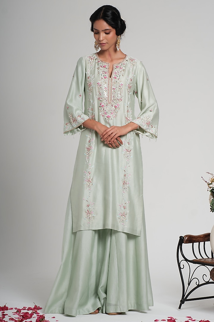 Sage Green Chanderi Silk Floral Hand Embroidered Party Wear Sharara Set by Muditaa By Urmila at Pernia's Pop Up Shop