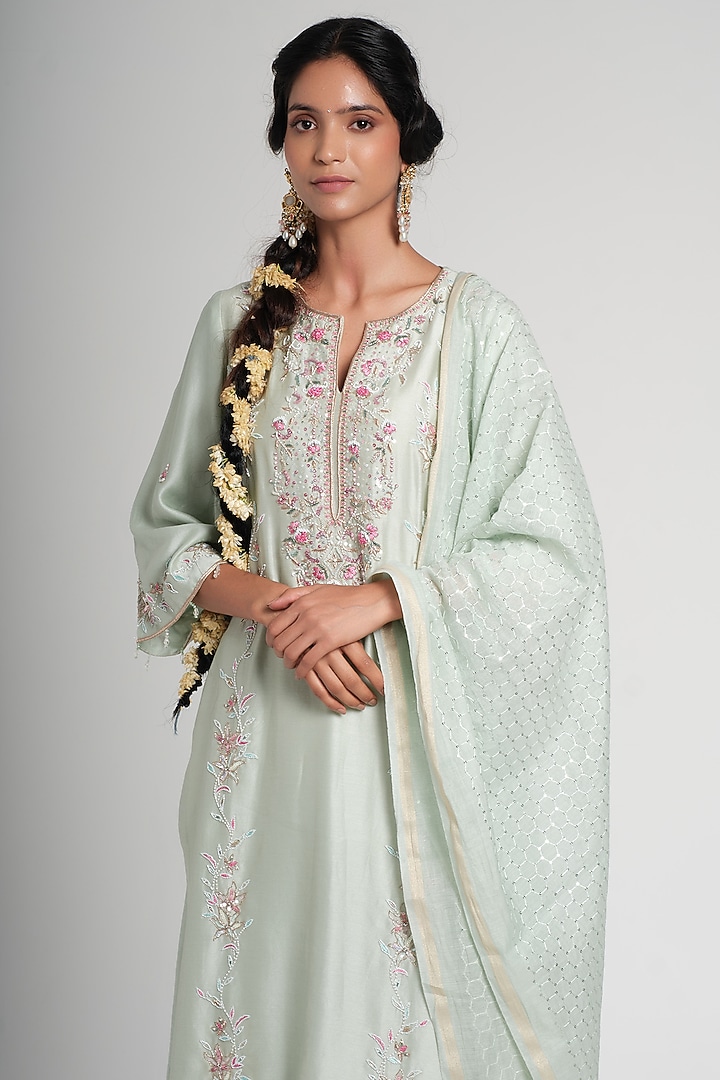Sage Green Chanderi Silk Floral Hand Embroidered Party Wear Sharara Set by Muditaa By Urmila at Pernia's Pop Up Shop