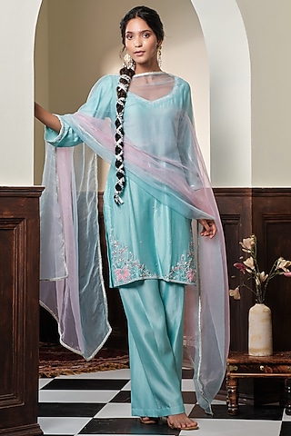Pastel Blue Chanderi Silk Floral Hand Embroidered Kurta Set by Muditaa By Urmila