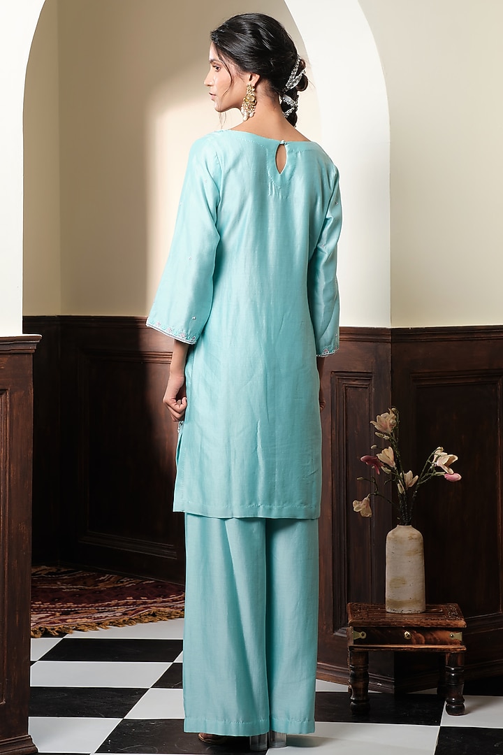 Pastel Blue Chanderi Silk Floral Hand Embroidered Kurta Set by Muditaa By Urmila at Pernia's Pop Up Shop
