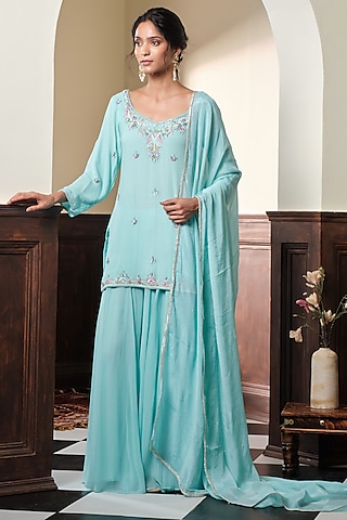 Aqua Blue Georgette Floral Embroidered Sharara Set by Muditaa By Urmila