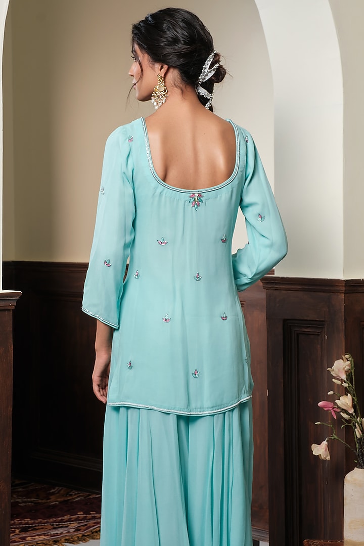 Aqua Blue Georgette Floral Embroidered Party Wear Sharara Set by Muditaa By Urmila at Pernia's Pop Up Shop