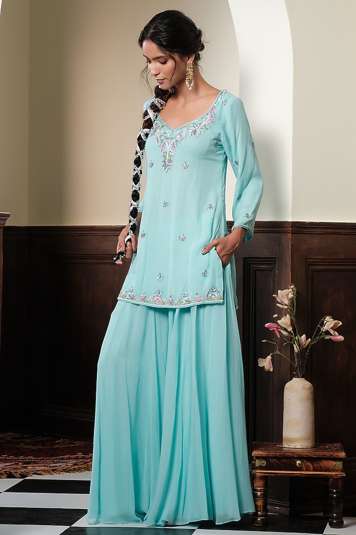 Aqua Blue Georgette Floral Embroidered Party Wear Sharara Set by Muditaa By Urmila at Pernia's Pop Up Shop