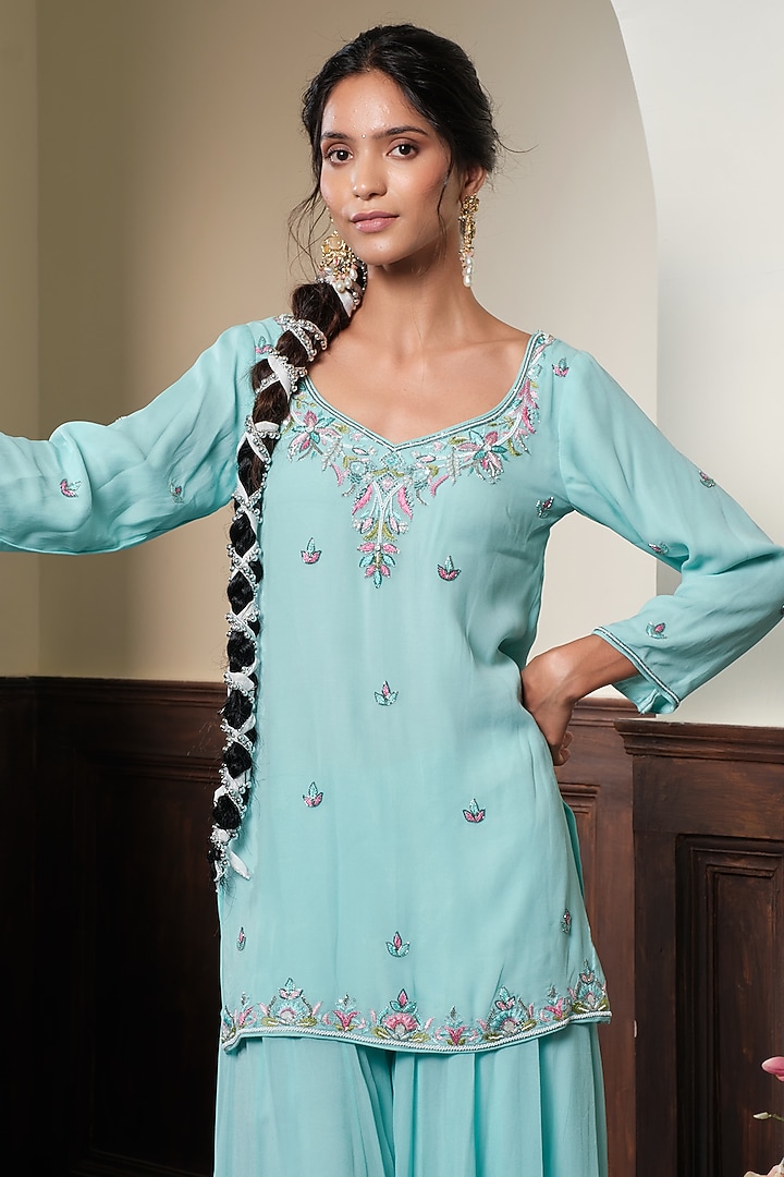 Aqua Blue Georgette Floral Embroidered Party Wear Sharara Set by Muditaa By Urmila at Pernia's Pop Up Shop