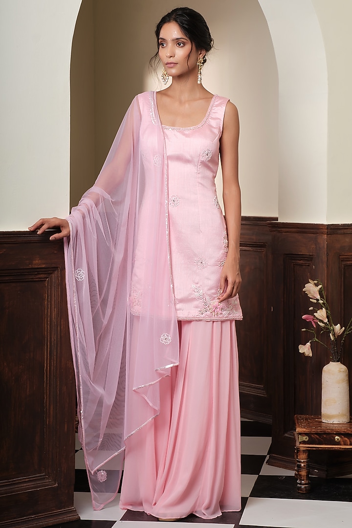 Blush Pink Georgette Embroidered Flared Party Wear Sharara Set by Muditaa By Urmila at Pernia's Pop Up Shop