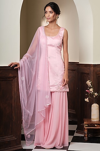 Blush Pink Georgette Embroidered Flared Sharara Set by Muditaa By Urmila