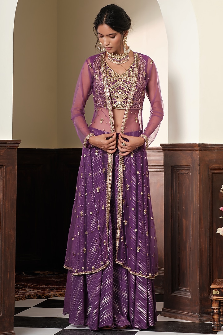 Purple Chanderi Striped Wedding Sharara Set by Muditaa By Urmila at Pernia's Pop Up Shop