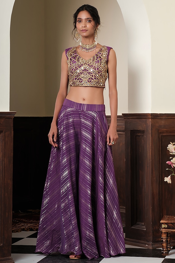 Purple Chanderi Striped Wedding Sharara Set by Muditaa By Urmila at Pernia's Pop Up Shop