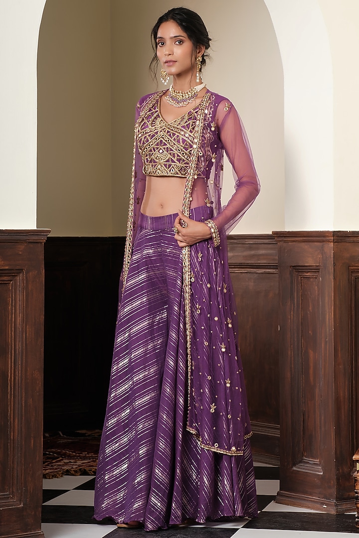Purple Chanderi Striped Wedding Sharara Set by Muditaa By Urmila at Pernia's Pop Up Shop