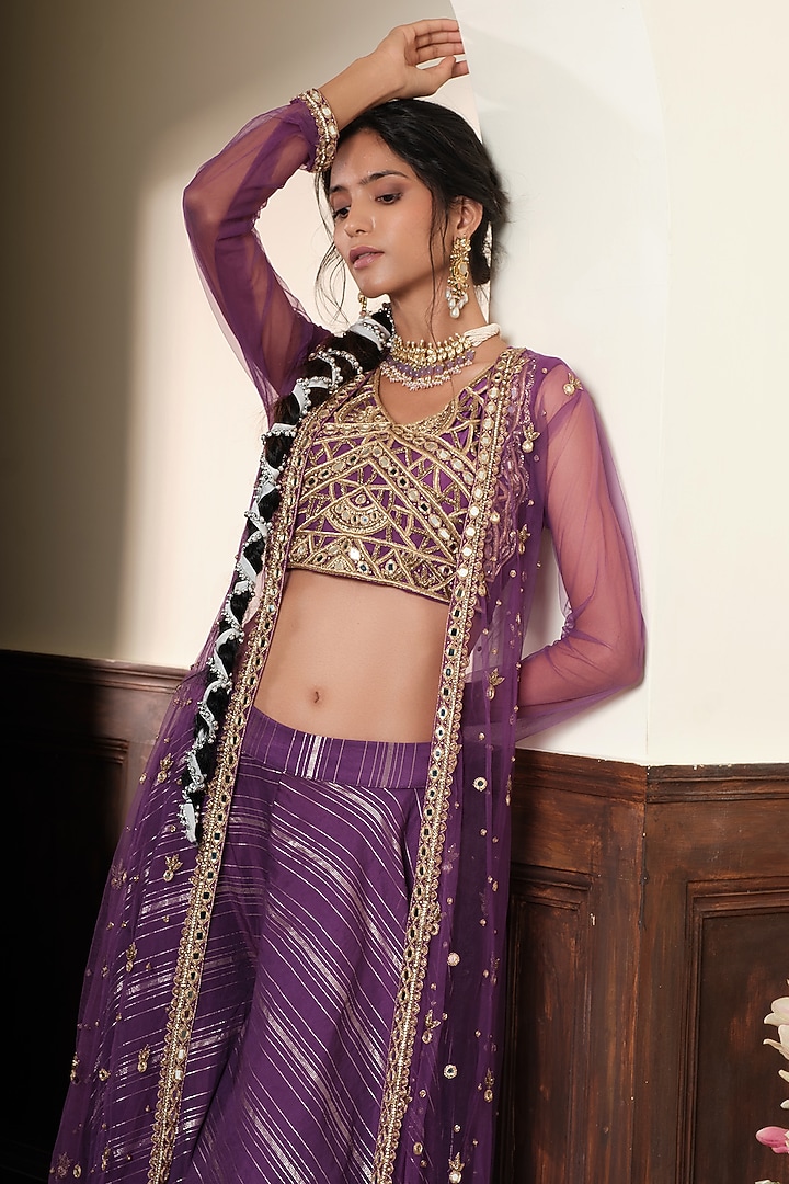 Purple Chanderi Striped Wedding Sharara Set by Muditaa By Urmila at Pernia's Pop Up Shop