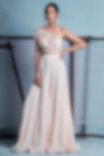 Blush Pink Crepe & Net Embroidered Jumpsuit by Muditaa By Urmila at Pernia's Pop Up Shop