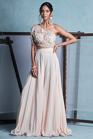 Blush Pink Crepe & Net Embroidered Jumpsuit by Muditaa By Urmila