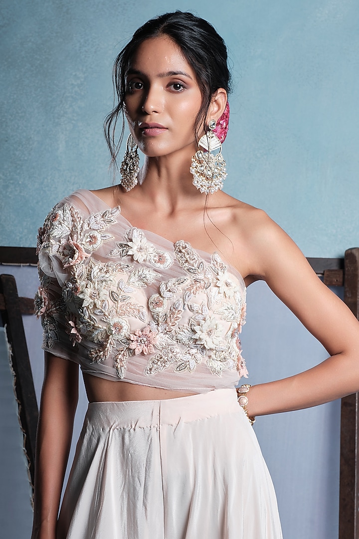 Blush Pink Crepe & Net Embroidered Jumpsuit by Muditaa By Urmila at Pernia's Pop Up Shop
