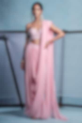 Blush Pink Georgette Pre-Draped Wedding Saree Set by Muditaa By Urmila at Pernia's Pop Up Shop