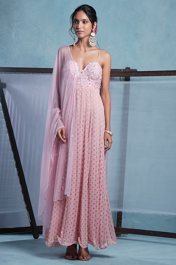 Blush Pink Dupion & Georgette Hand Embroidered Party Wear Anarkali With Dupatta by Muditaa By Urmila at Pernia's Pop Up Shop