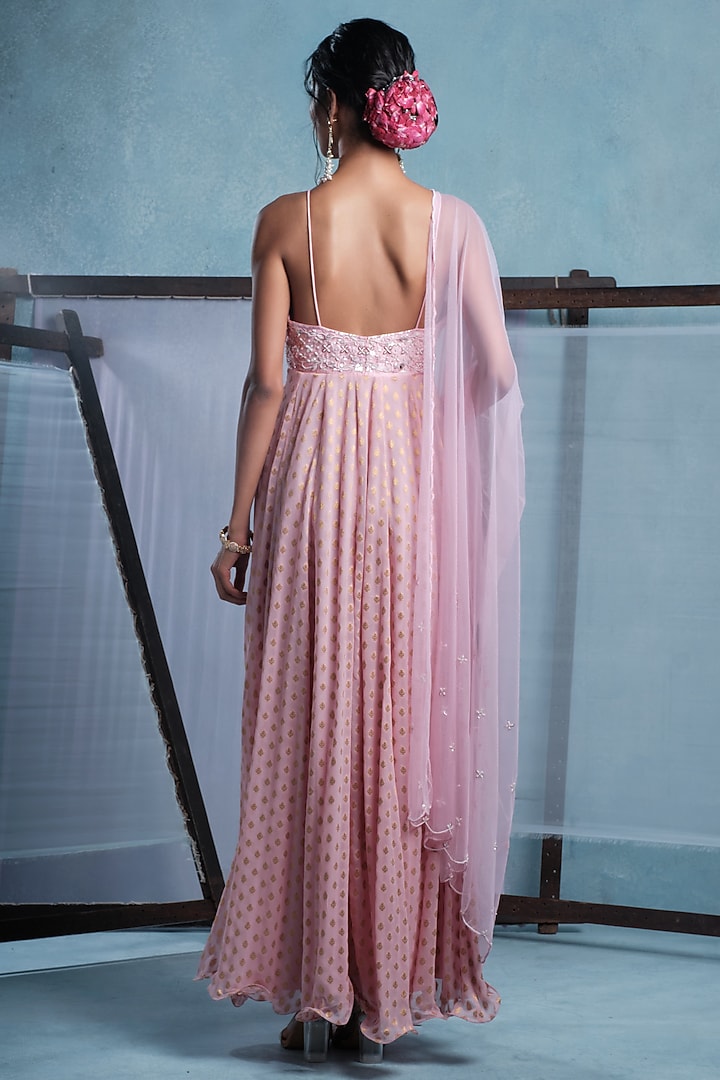 Blush Pink Dupion & Georgette Hand Embroidered Party Wear Anarkali With Dupatta by Muditaa By Urmila at Pernia's Pop Up Shop