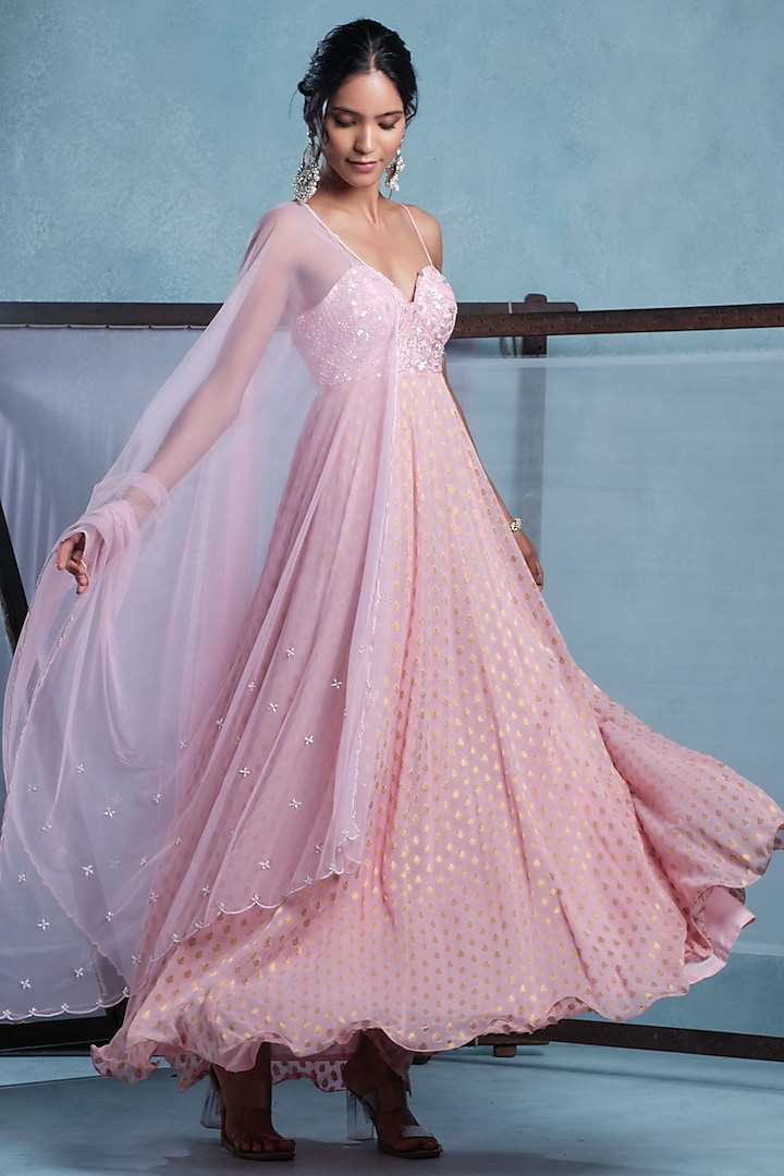 Blush Pink Dupion & Georgette Hand Embroidered Party Wear Anarkali With Dupatta by Muditaa By Urmila at Pernia's Pop Up Shop