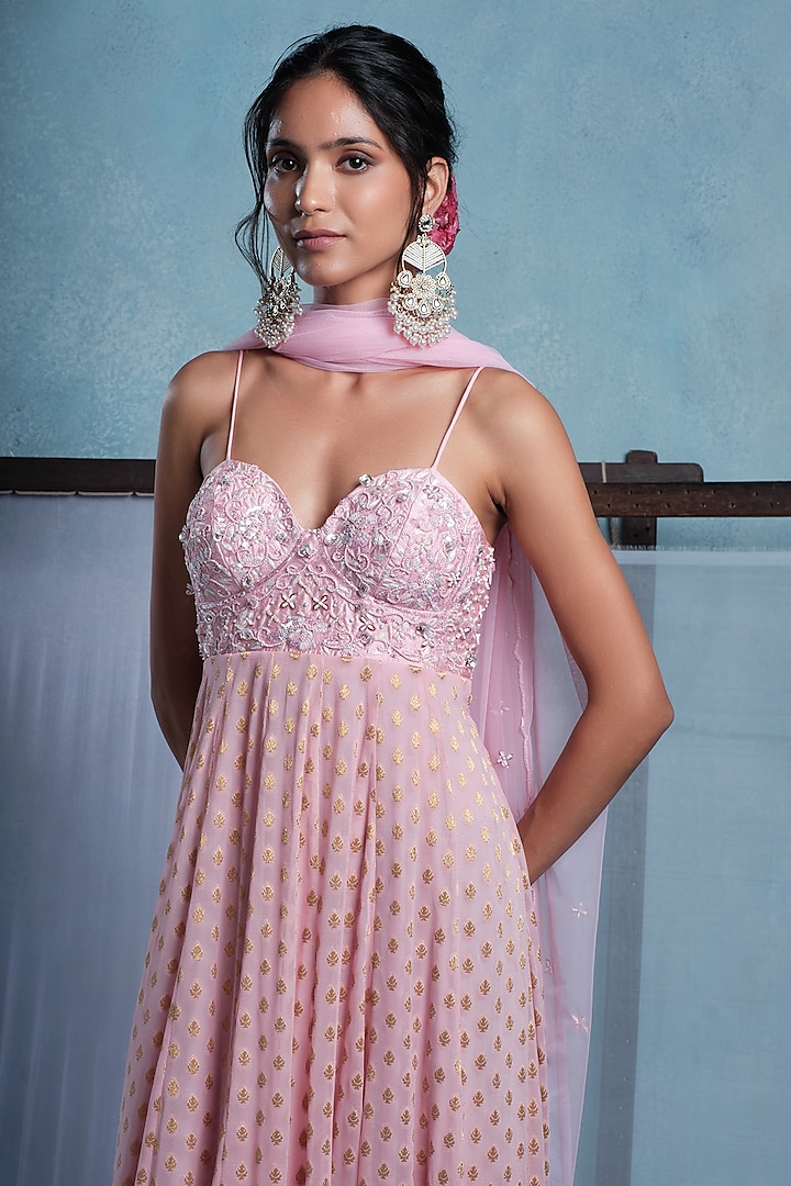 Blush Pink Dupion & Georgette Hand Embroidered Party Wear Anarkali With Dupatta by Muditaa By Urmila at Pernia's Pop Up Shop
