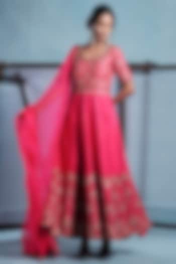 Fuchsia Pink Raw Silk Hand Embroidered Wedding Anarkali With Dupatta by Muditaa By Urmila at Pernia's Pop Up Shop